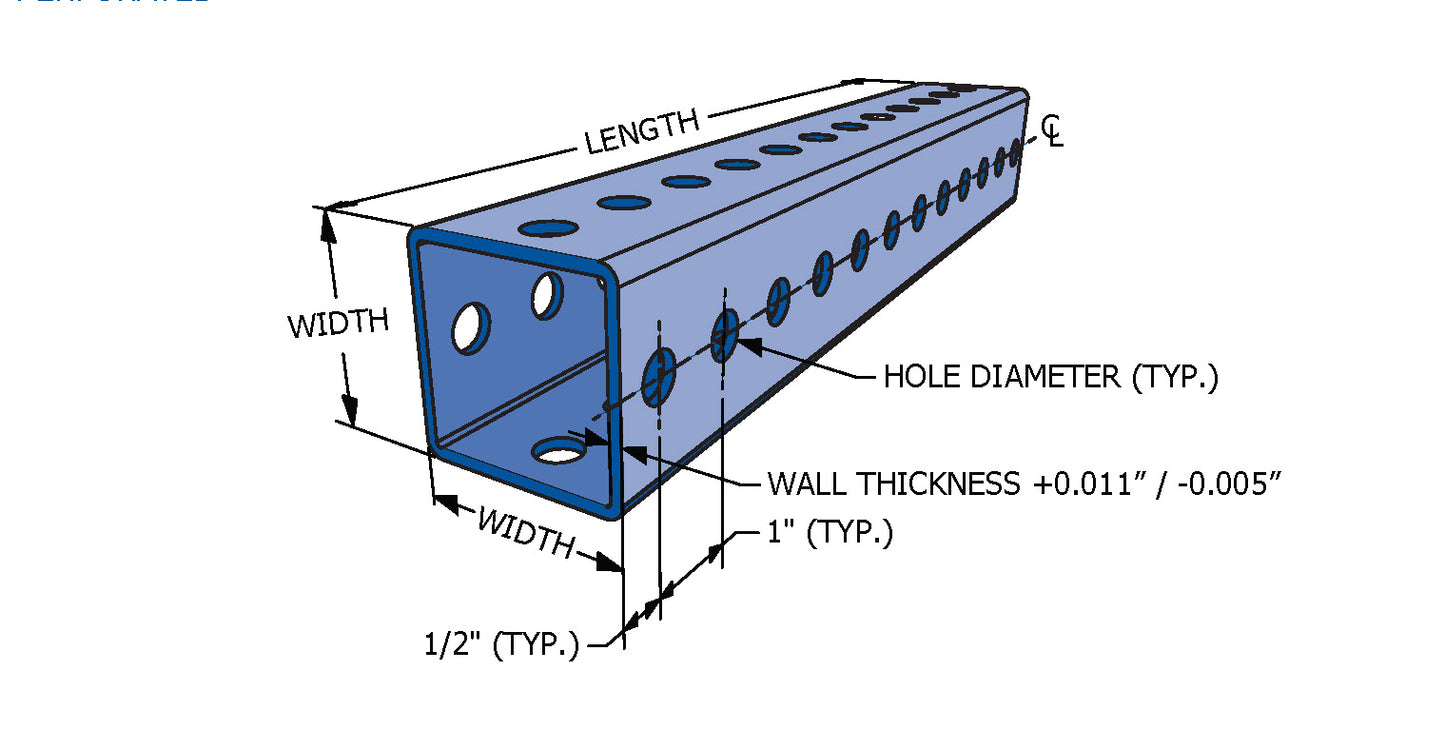 Steel Perforated Square Tube 2-1/4 x 2-1/4 x 12 gauge wall